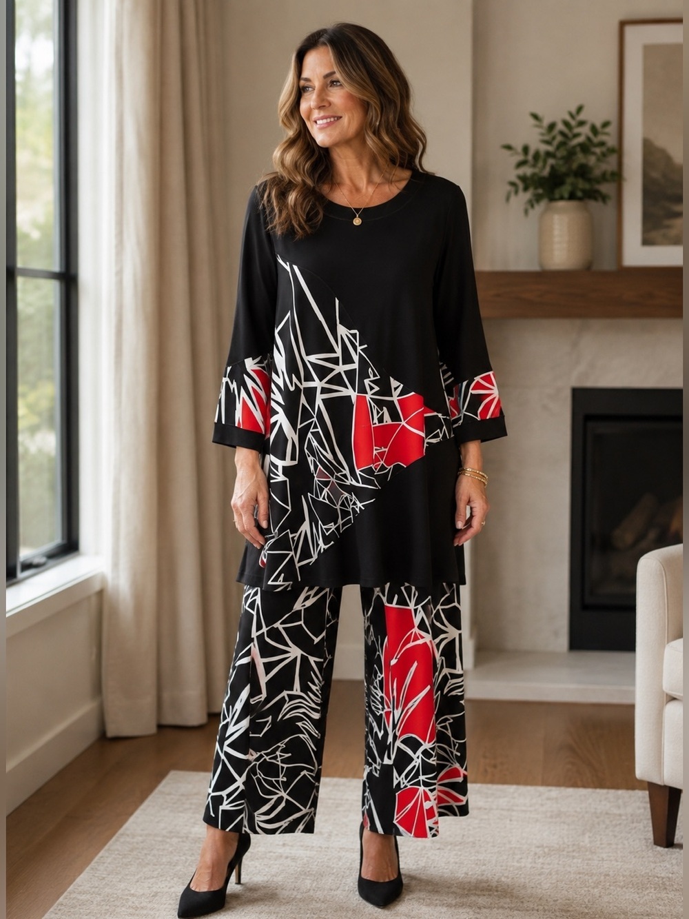 EVA VARRO 2 Piece Multicolor Pants & Top Set Black Red White Geometric Size M